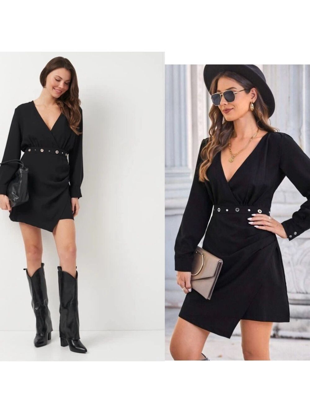 Zara black wrap V-neck long sleeve mini dress Silvertone Grommet eyelet trim M